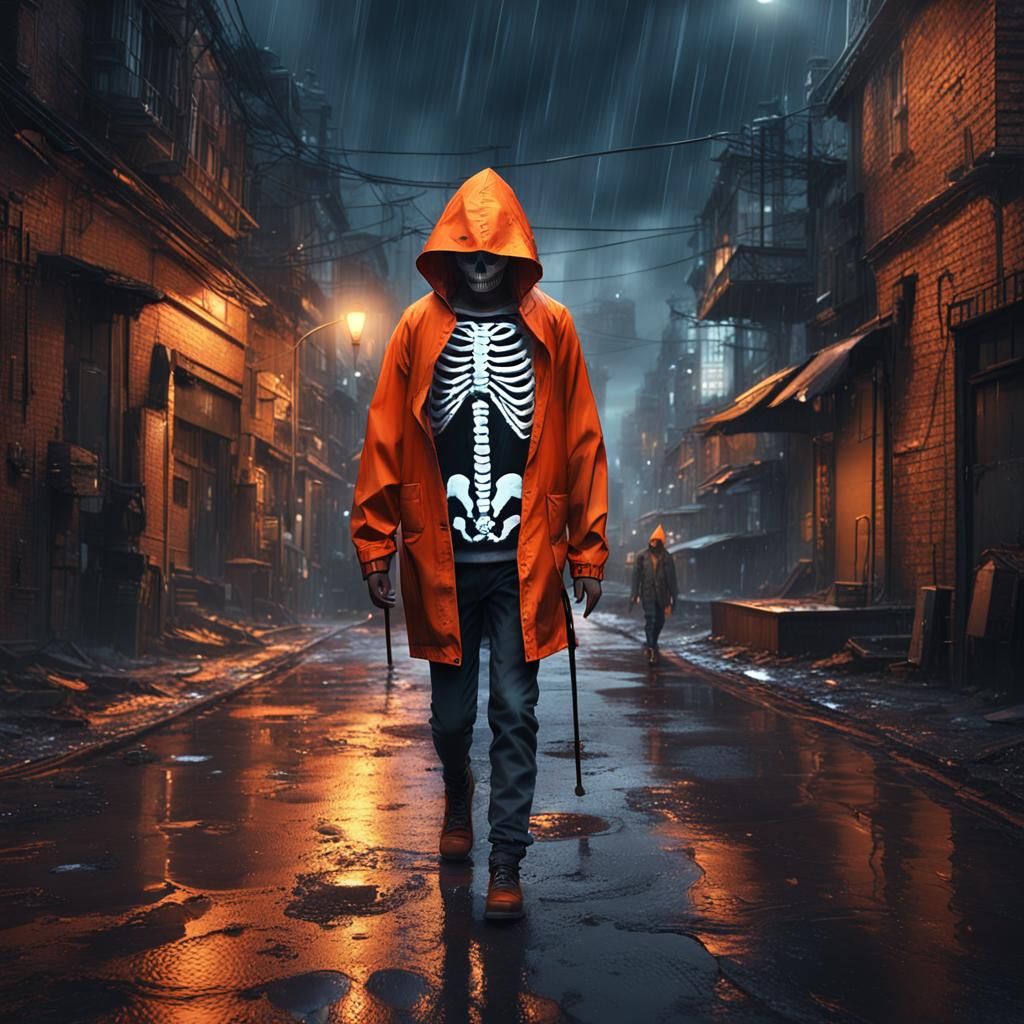 Rainy Urban Night: Boy with Skeleton Makeup