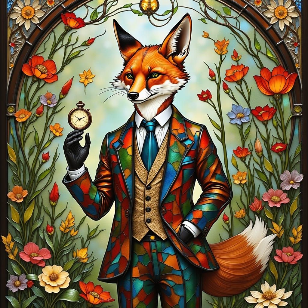 Dapper Fox in Stained Glass Garden