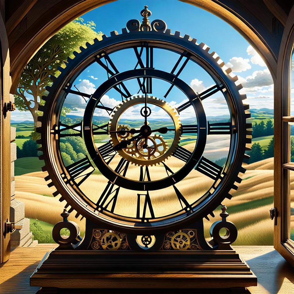 Intricate Clockface with Medieval Village View