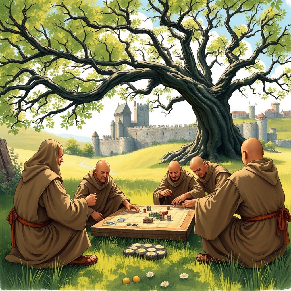 Monks Playing Carcassonne in a Sun-Dappled Meadow