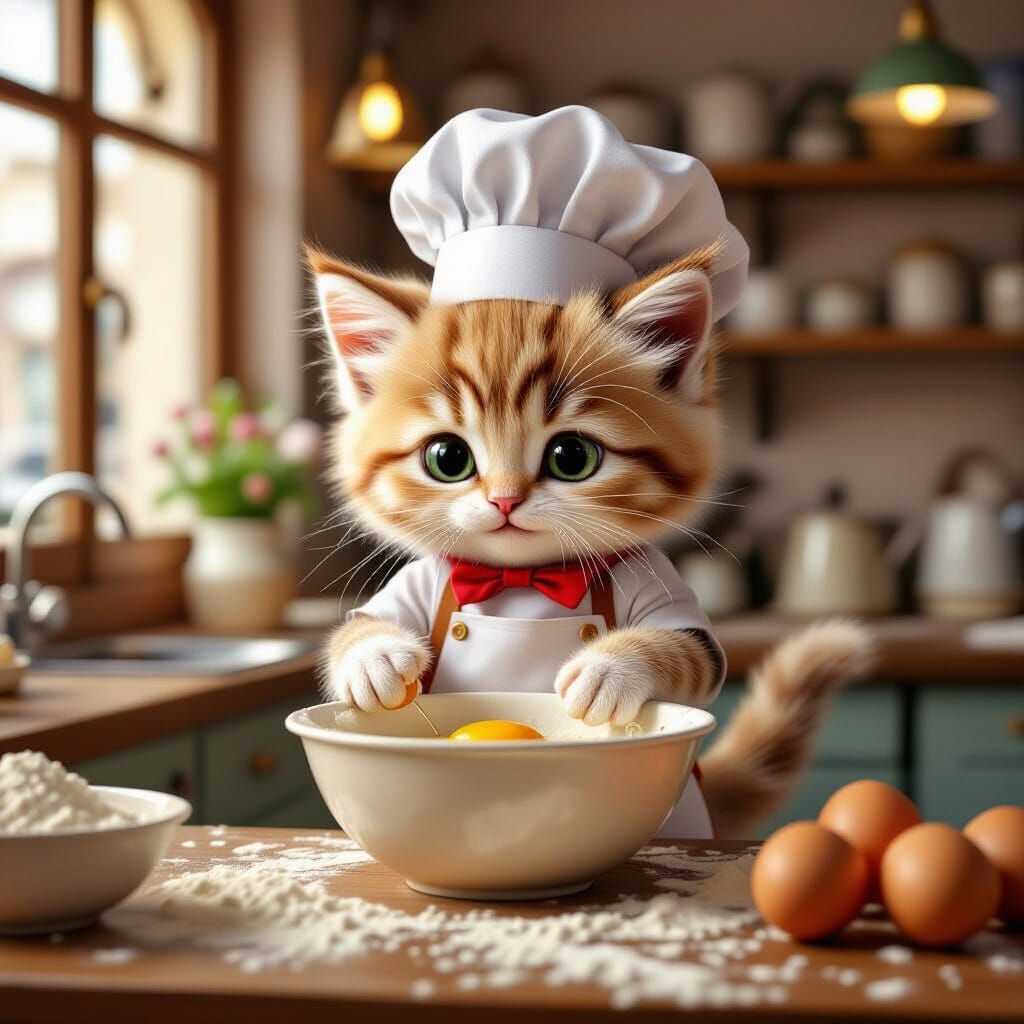 Adorable Kitten Chef Baking in Parisian Bakery