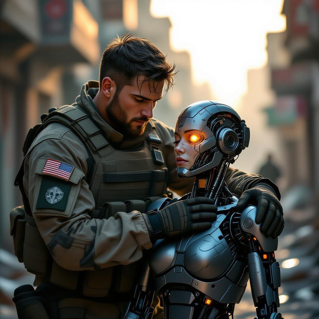 Soldier Helps Wounded Cyborg With Organic and Robotic Eyes