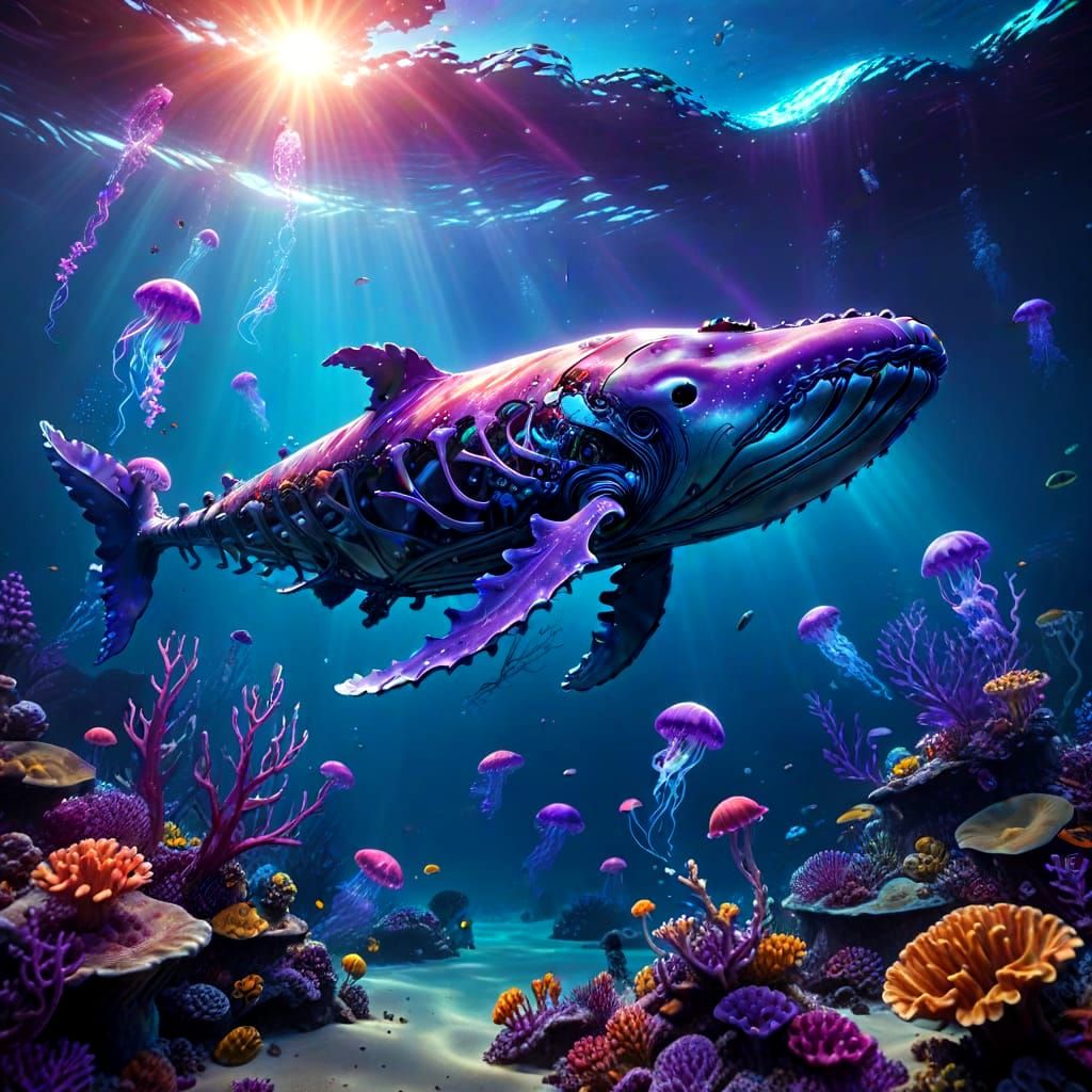 Skeleton Whale Exploring Coral Reef: Digital Matte Painting