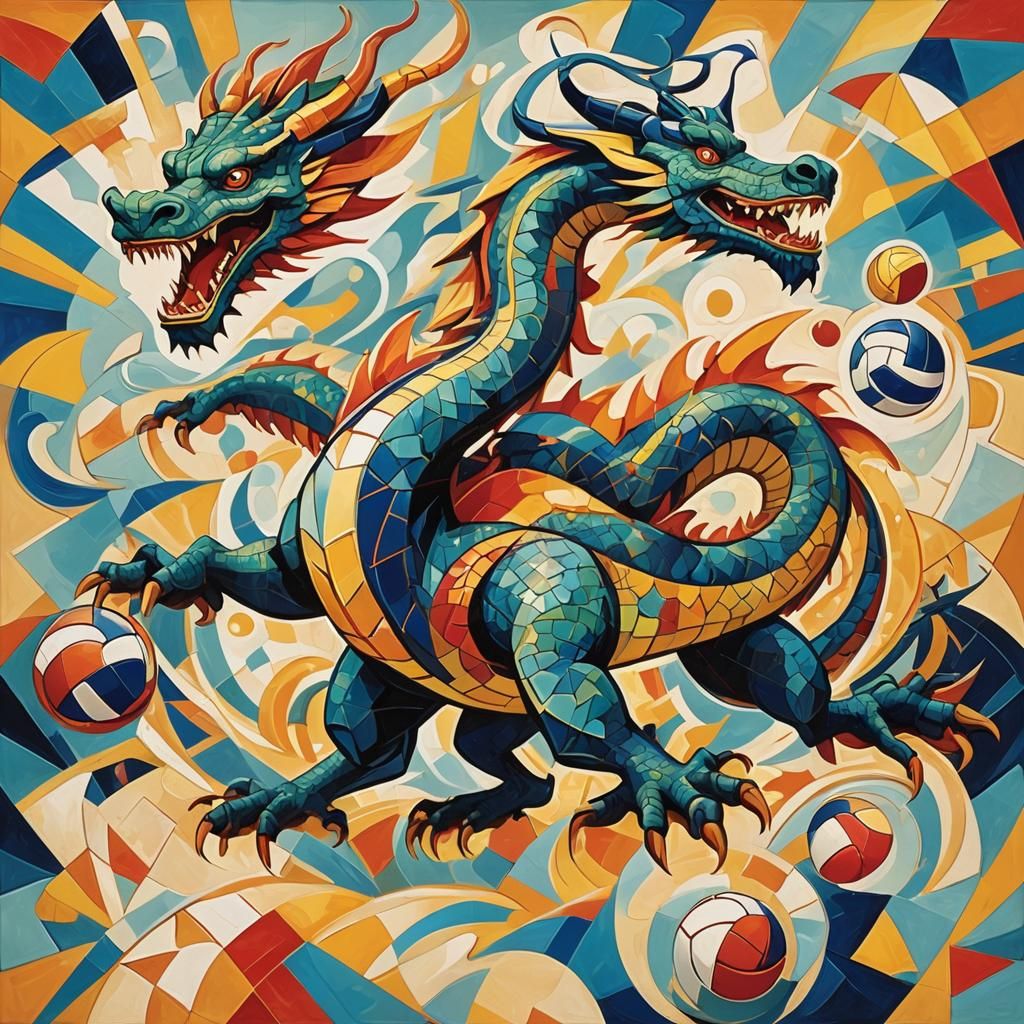 China Dragon Plays Volleyball in Cubist Art Deco Style