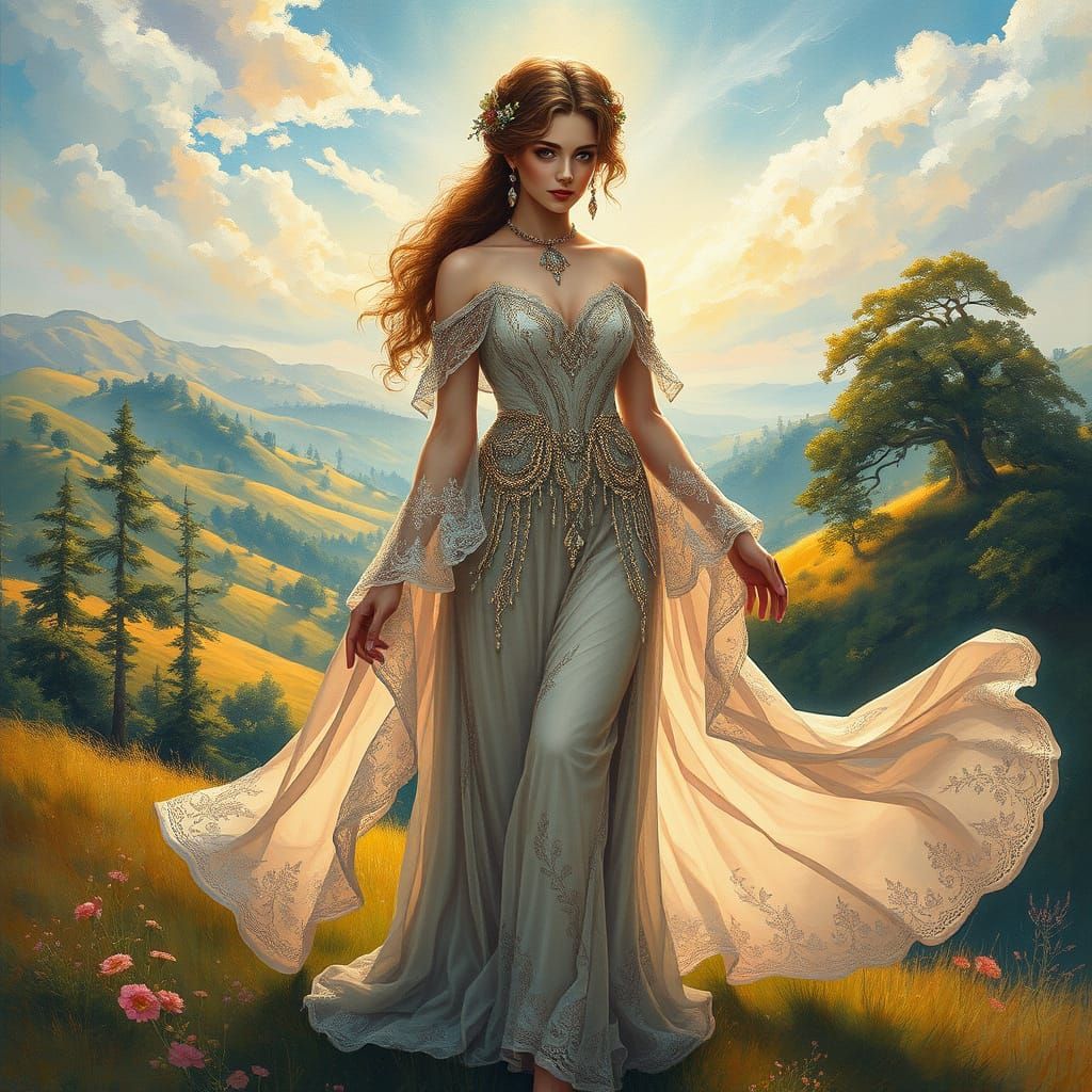 Ethereal Goddess in Vibrant Landscape
