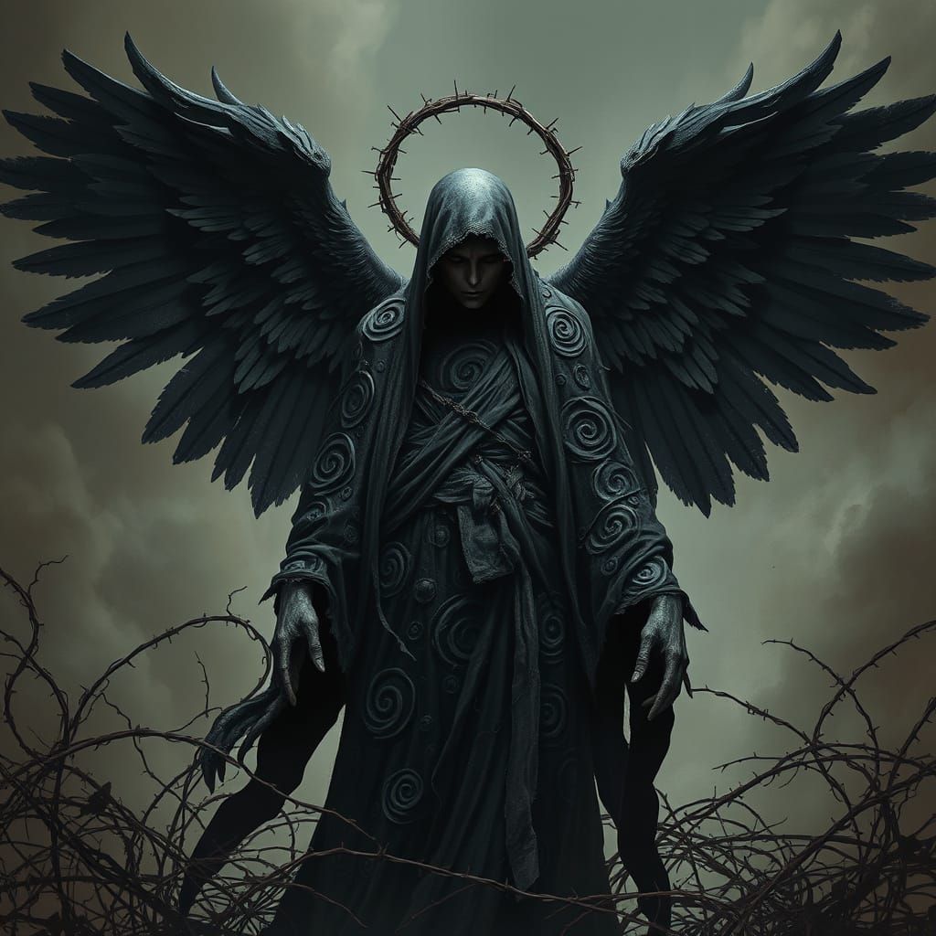Gothic Death Angel in Tattered Robes, Surrounded by Thorns a...