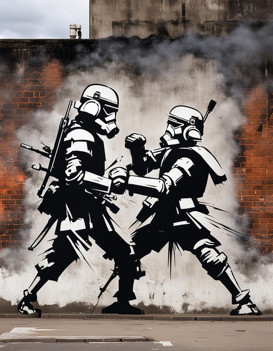 Mecha Warriors Street Fight in Banksy Style