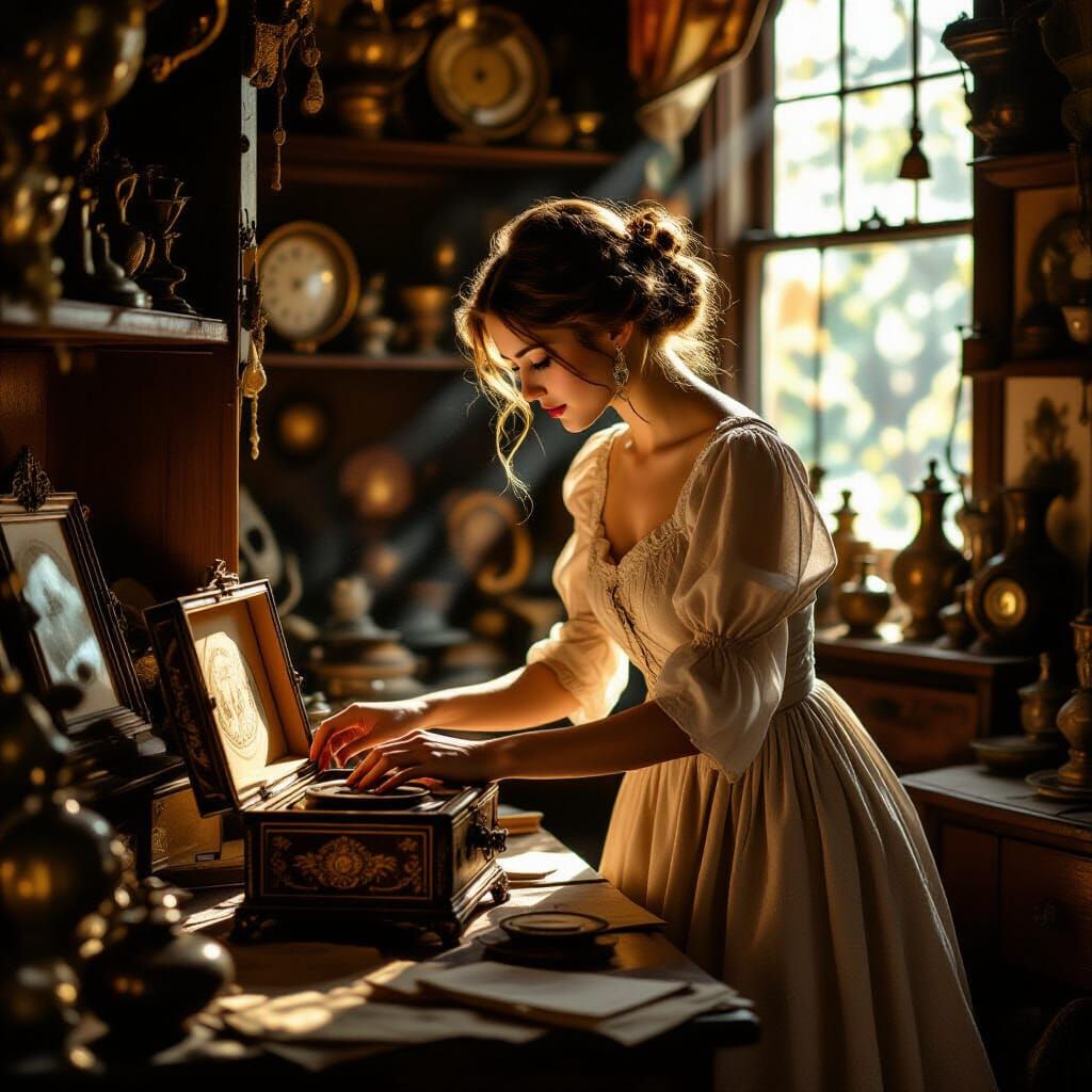 Woman Explores Dusty Antique Shop in Golden Sunlight