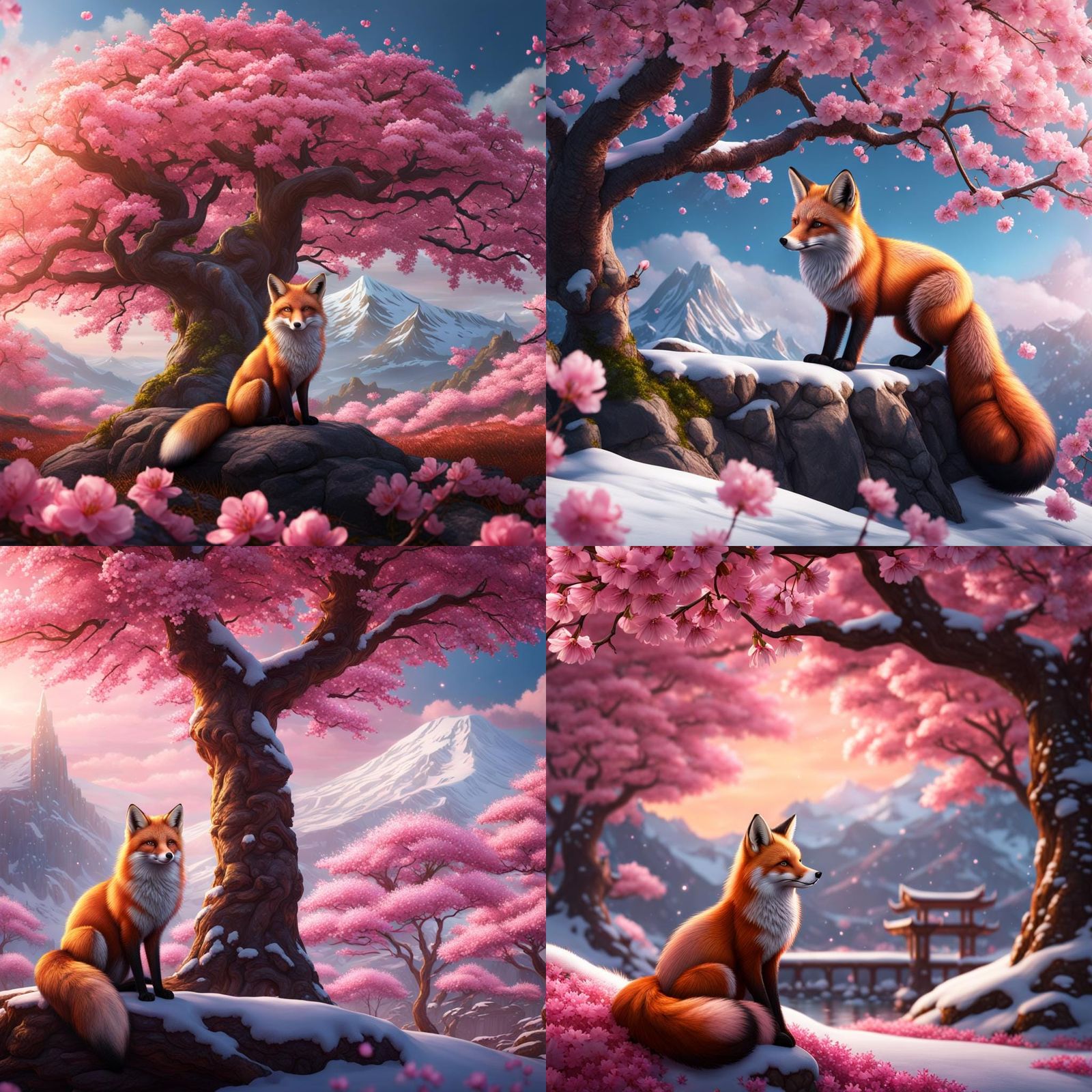 Red Fox Under Cherry Blossom Tree in Winter