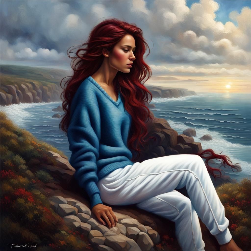 Beautiful Woman Overlooking Ocean in 3D Expressionism
