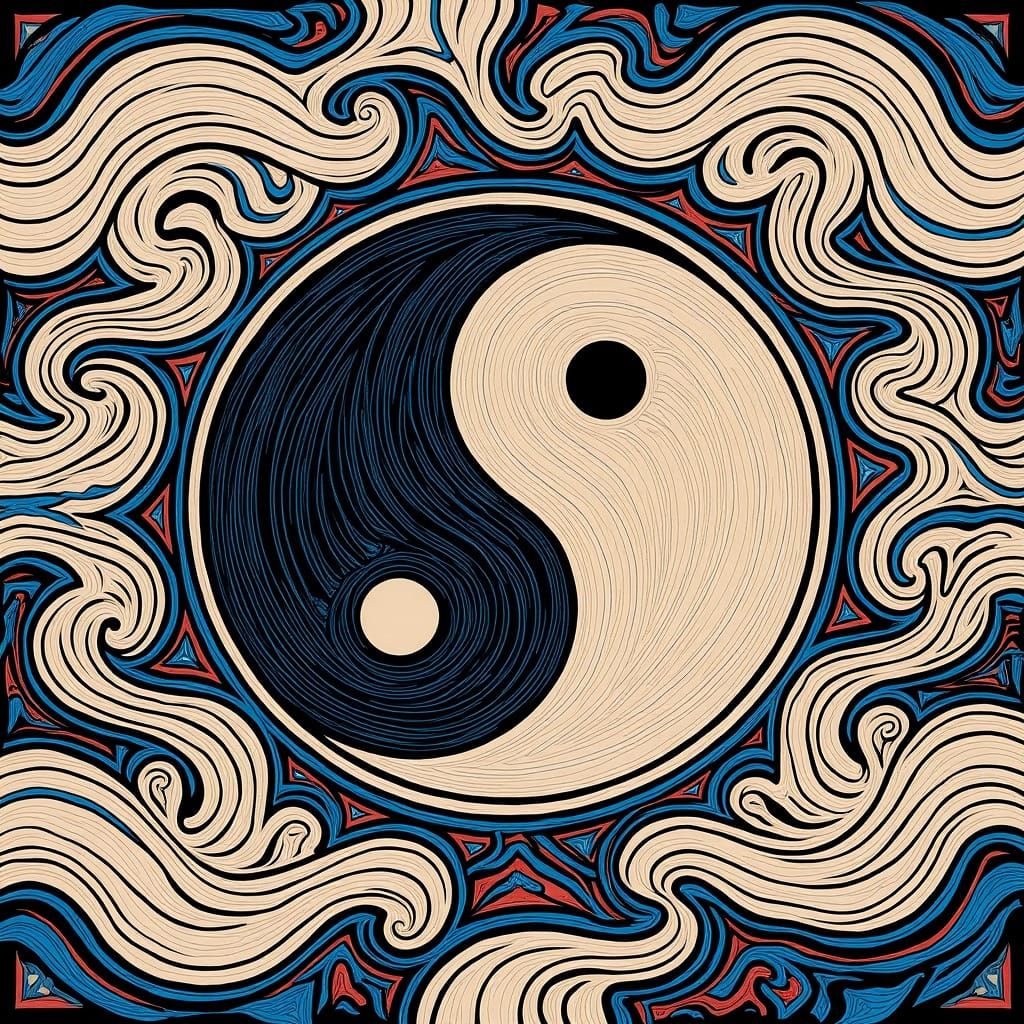 Yin-Yang Symbol with Swirling Clouds, Bold and Vibrant