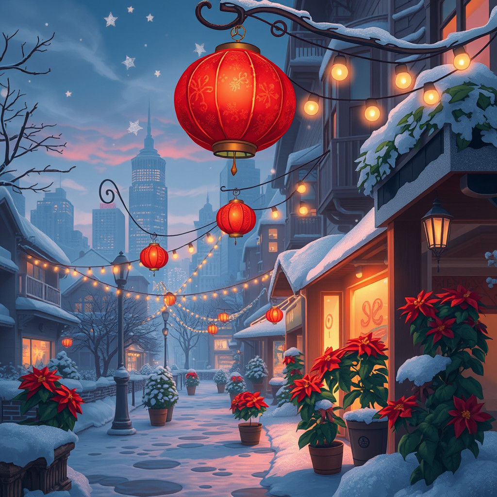 Whimsical Winter Cityscape with Poinsettia Lanterns