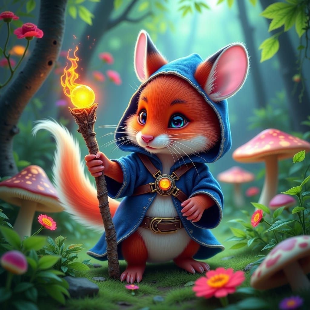 Red Fox Wizard Casting Rainbow Dragon Spell