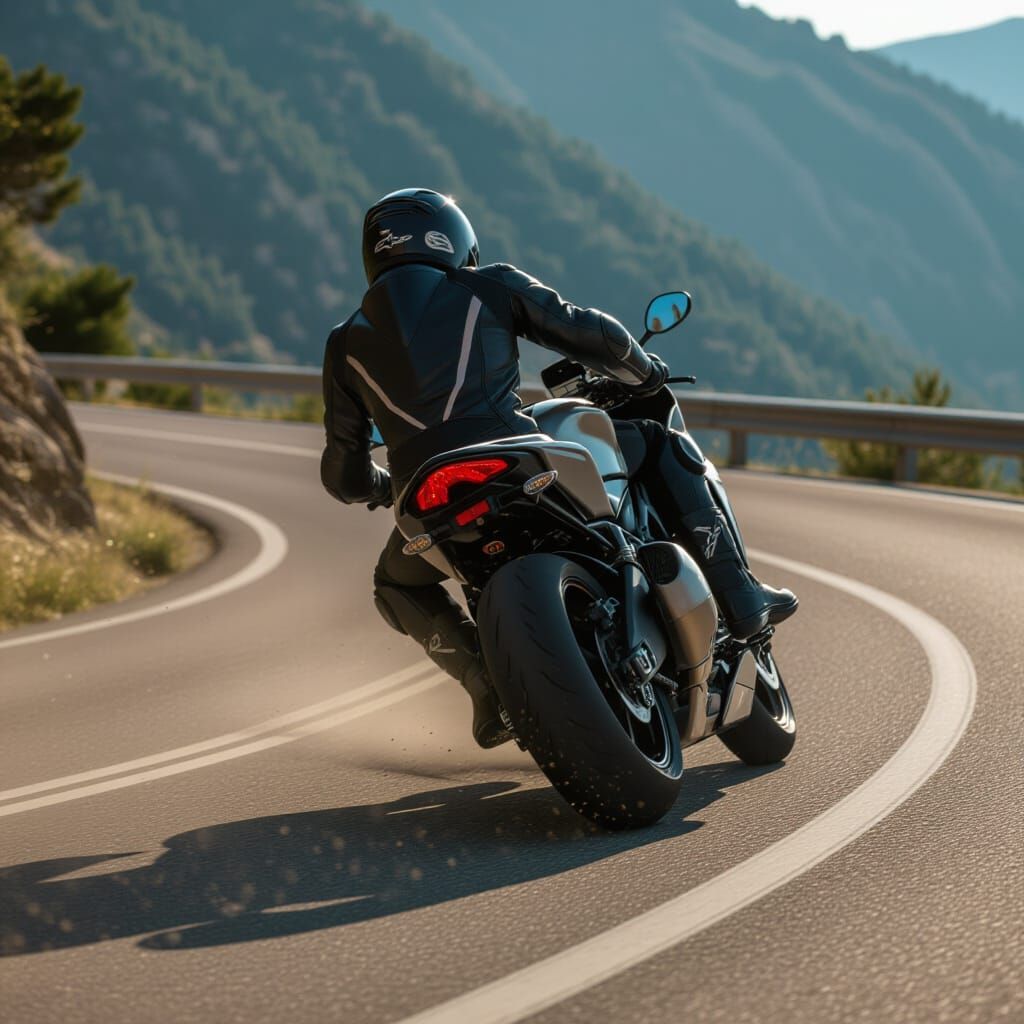 Motorcycle Rider Leaning on Mountain Road Curve