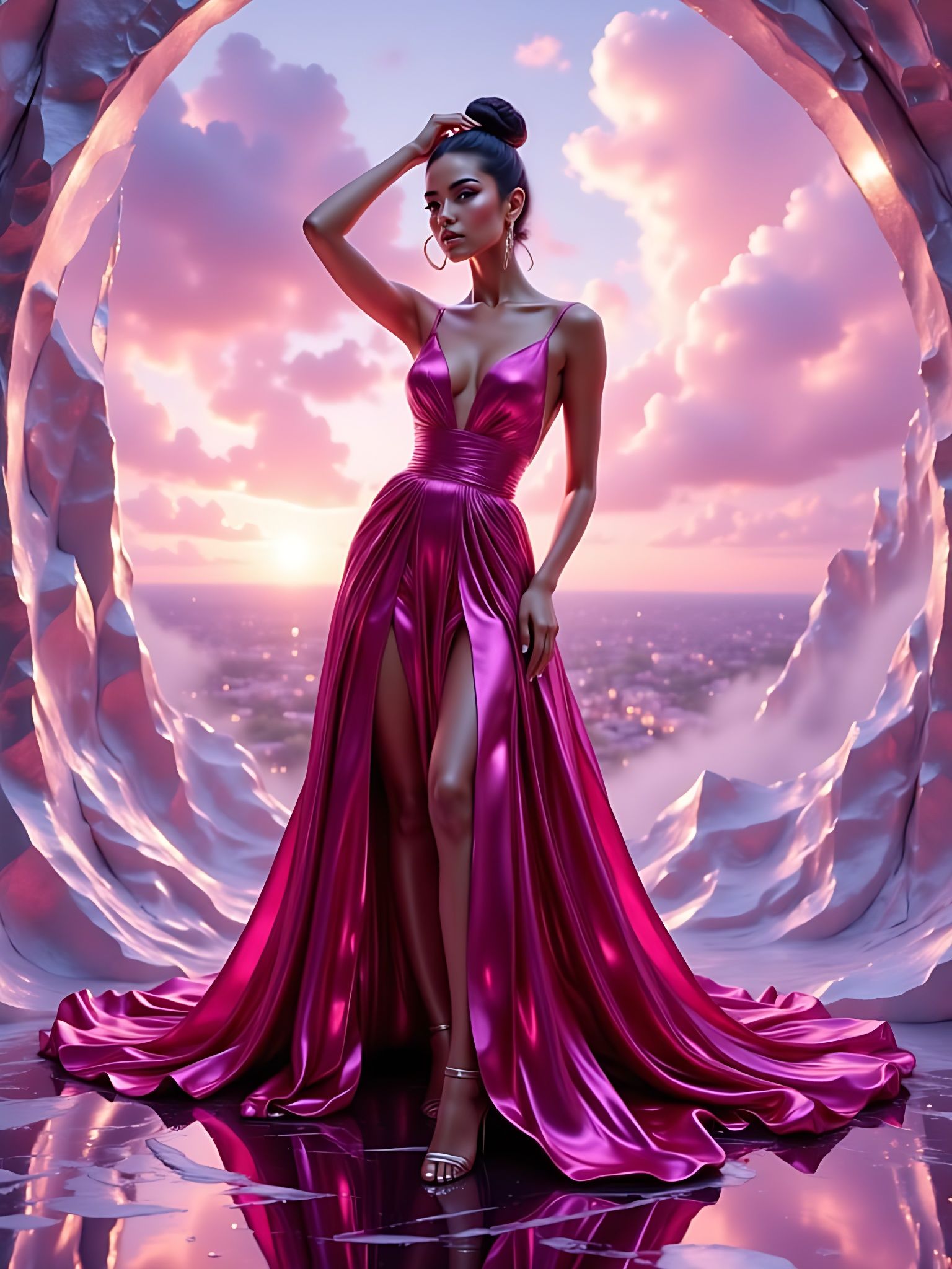 A confident female figure standing in a powerful fashion pose, wearing a metallic deep magenta gown with a plunging neck...
