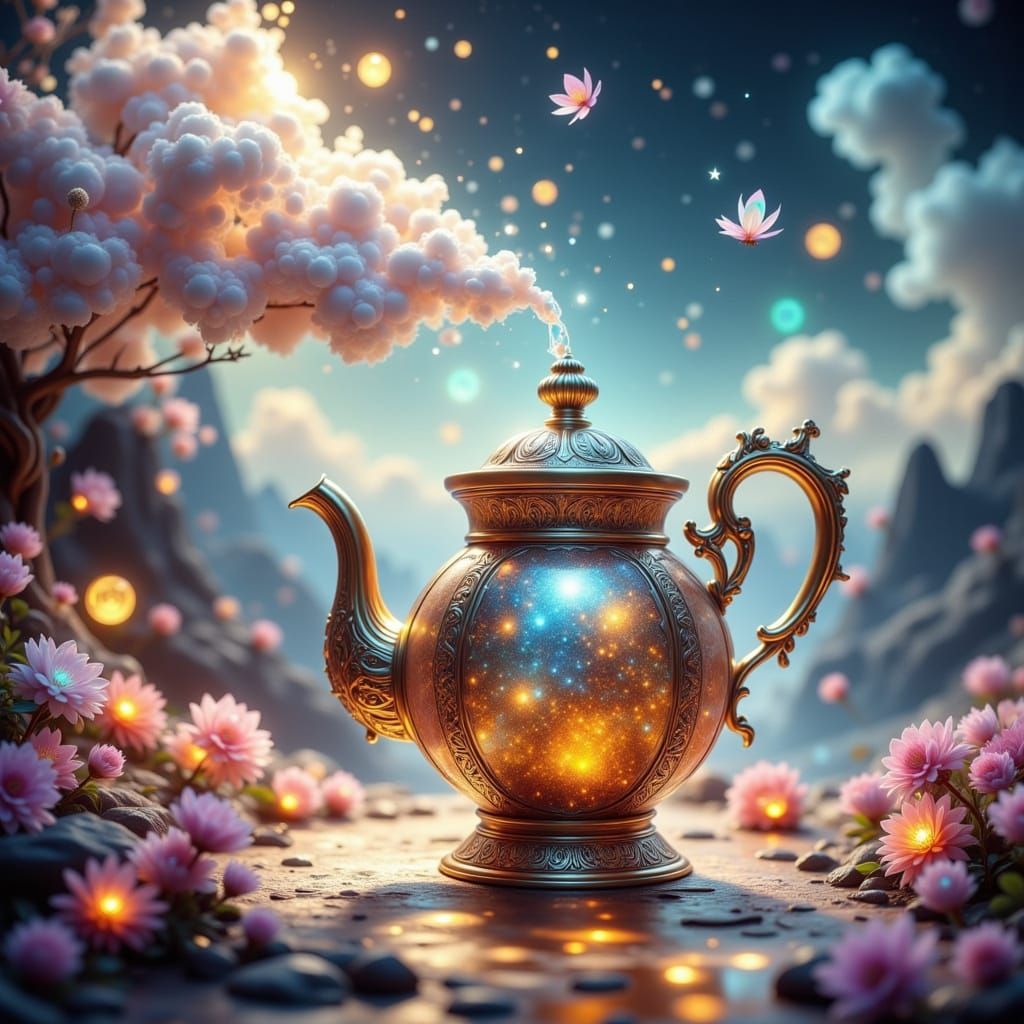 Whimsical Teapot Pours Shimmering Liquid into Dreamlike Land...