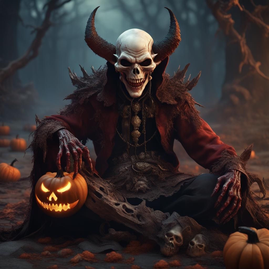 Grinning Halloween Demon with Skulls in Fantasy Art