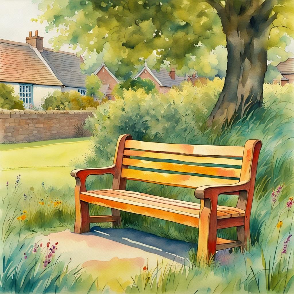 English Village Bench in Watercolor and Gouache