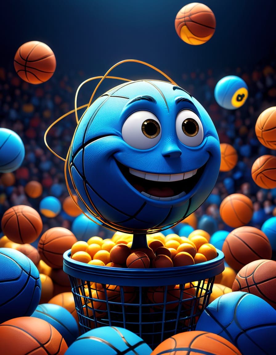 Anthropomorphic Basketballs Guide Human: Pixar-Style 3D Art