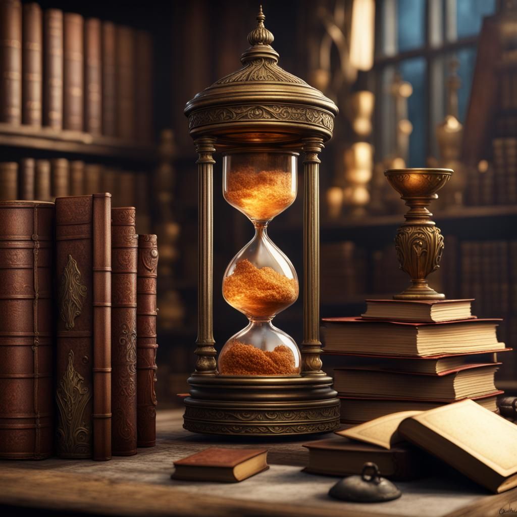 Antiquarian Still Life: Sand Glass and Books