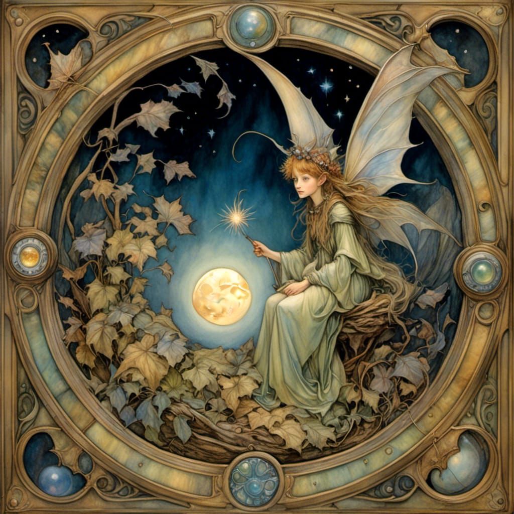 Glowing Pixie with Magical Moon in Fantasy Watercolor