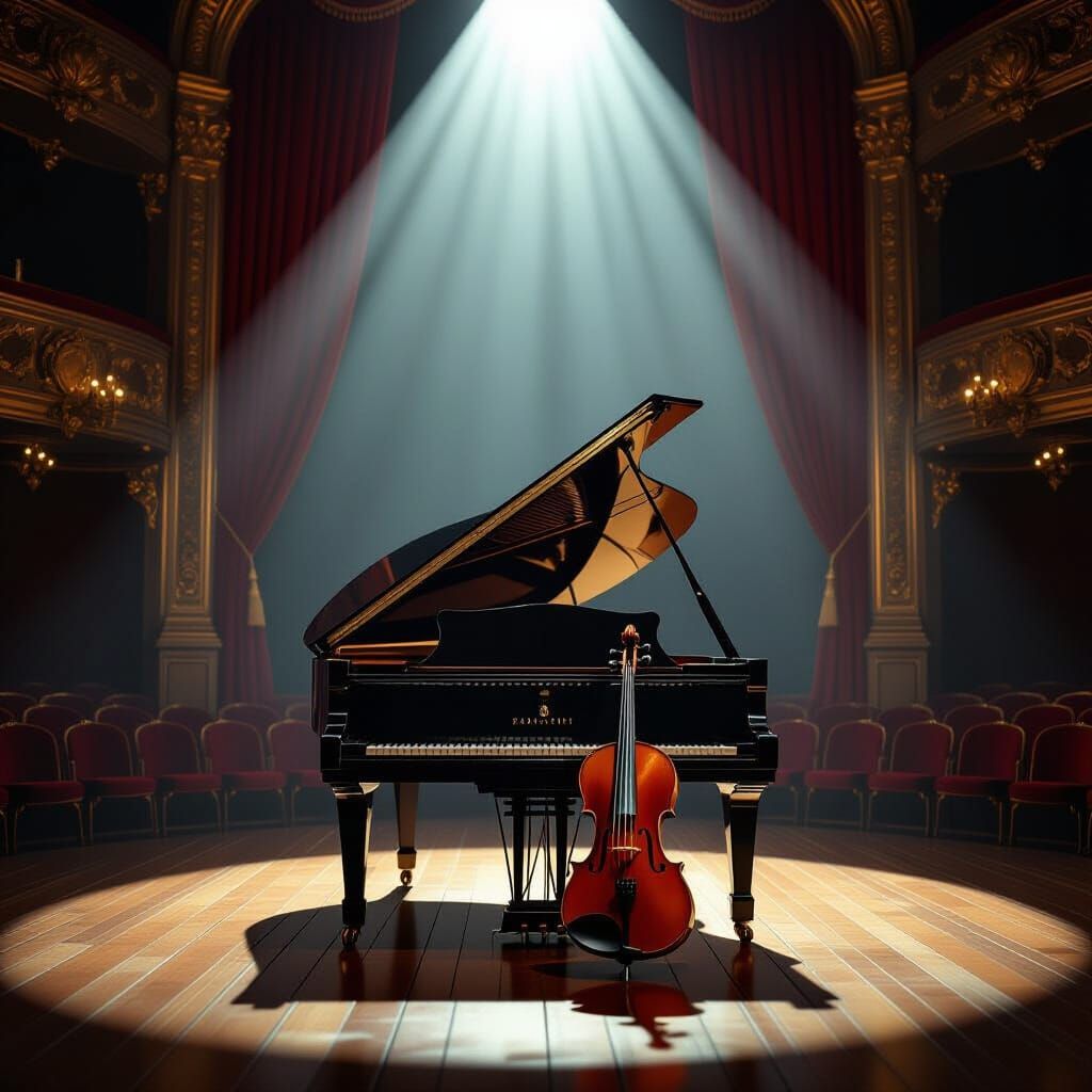 Melancholic Grand Piano and Violin in Empty Theatre