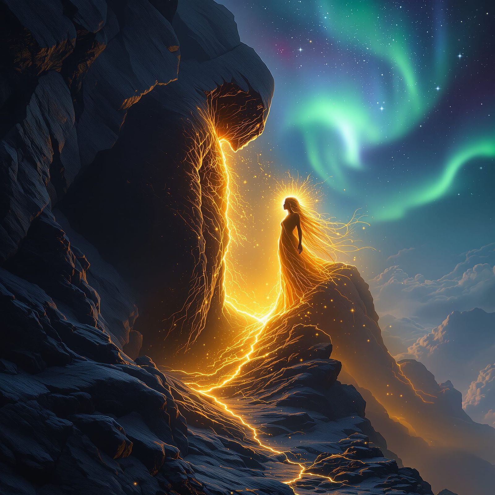 Cosmic Man and Mist Woman in Aurora Sky