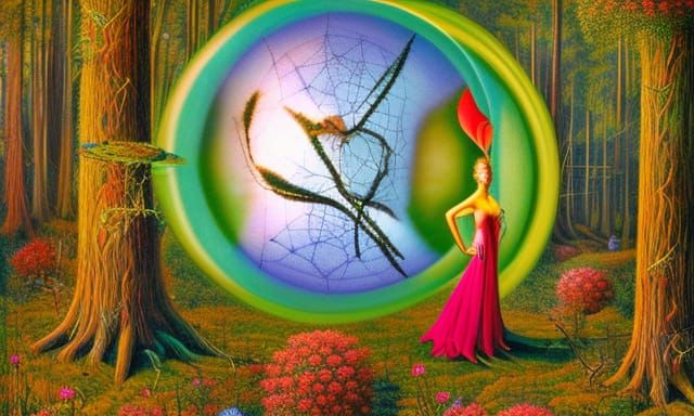 Deer-Woman Hybrid Gazing at Rotating Sphere
