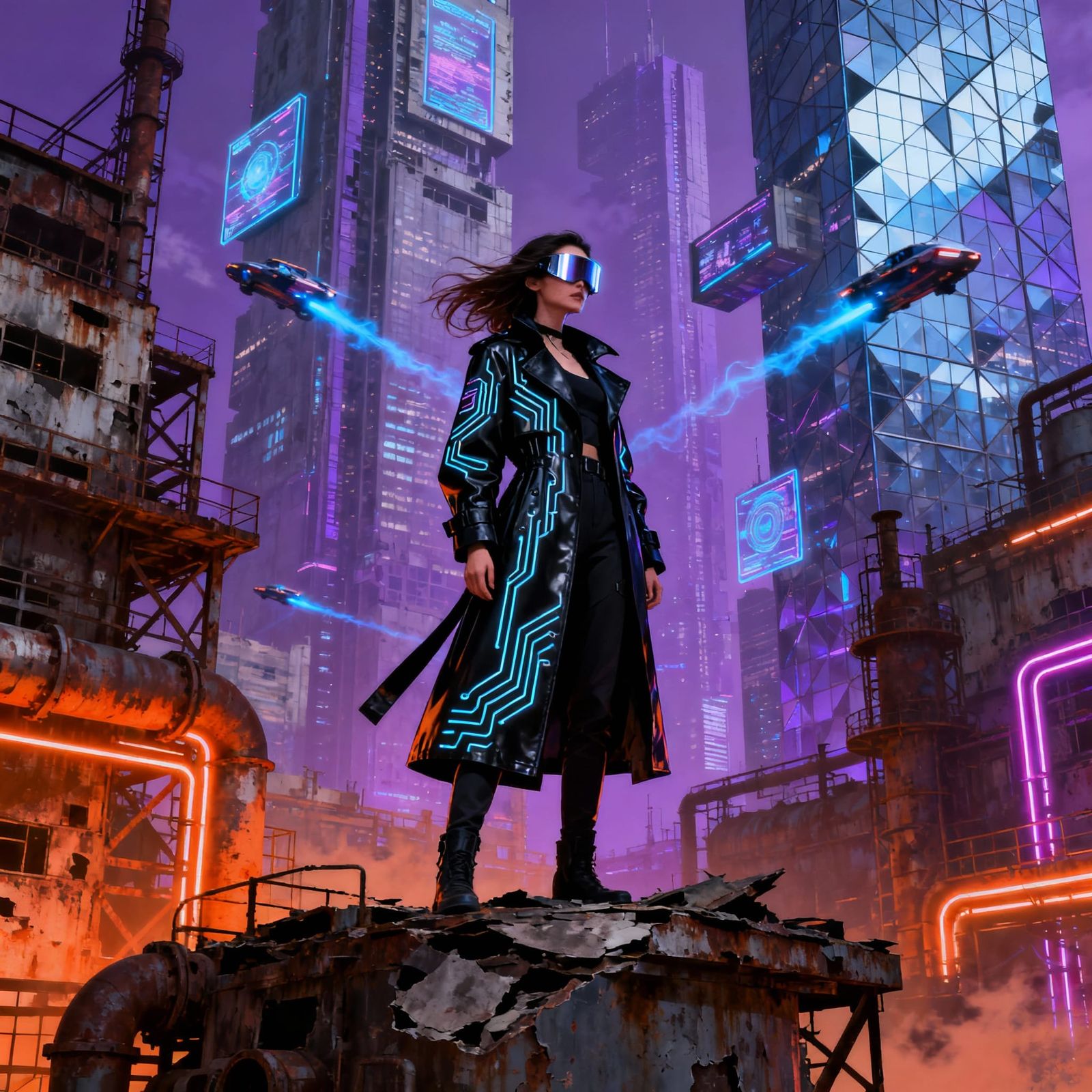 Futuristic Cityscape with Woman in Cyberpunk Style