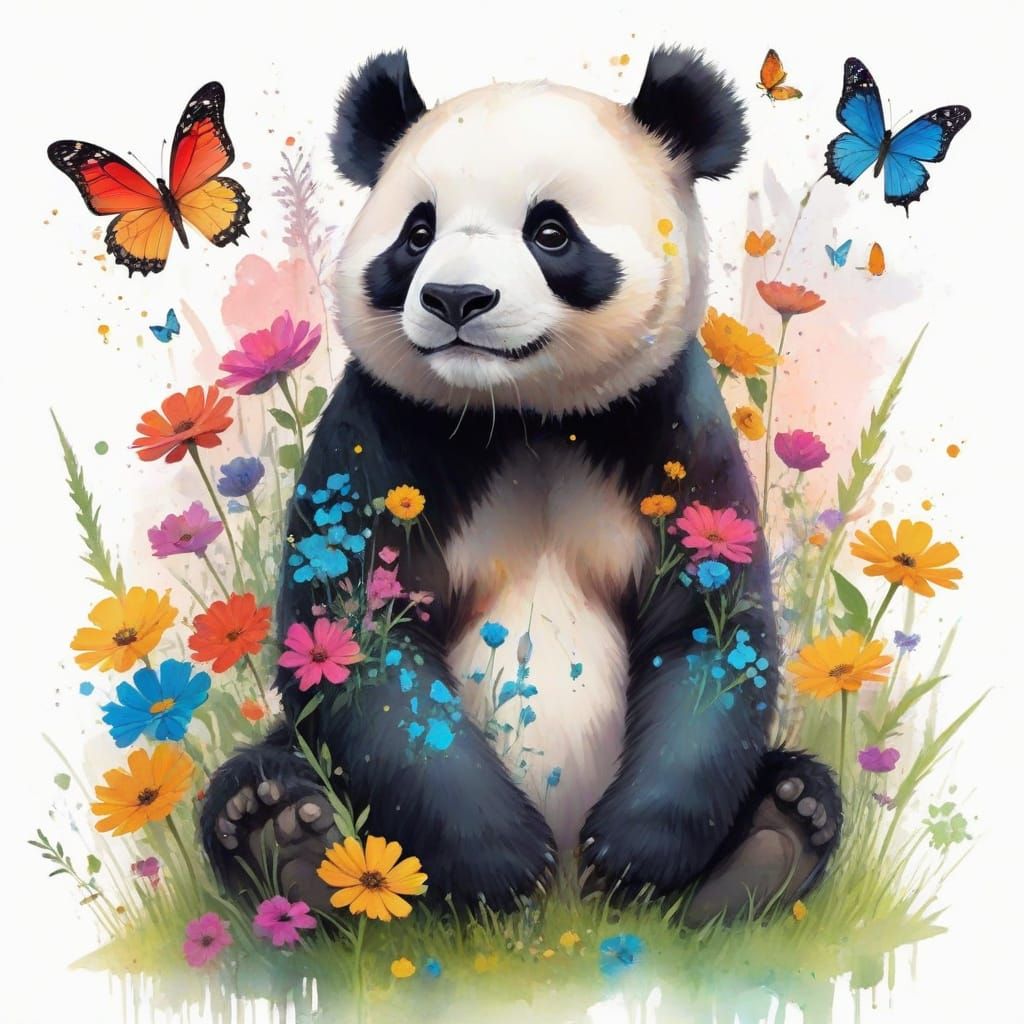 Vibrant Morning Meadow Scene with Playful Panda and Butterfl...