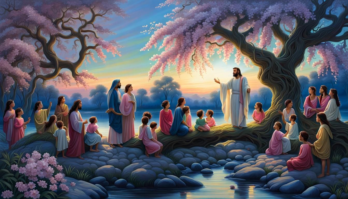Jesus Teaching Children at Dusk in Gouache Style