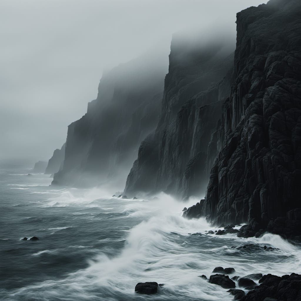 Moody Cinematic Mist Over Churning Sea and Cliffs