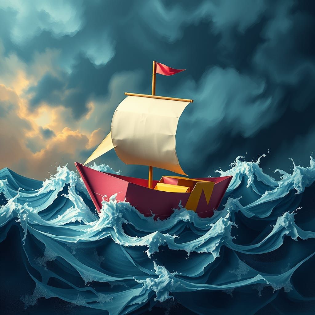 A small ship amidst terrifying waves