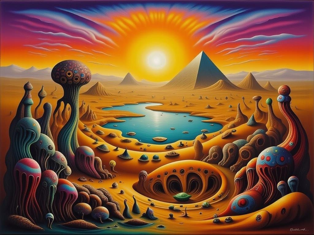 Surreal Egyptian Oasis at Sunset in Bold Colors