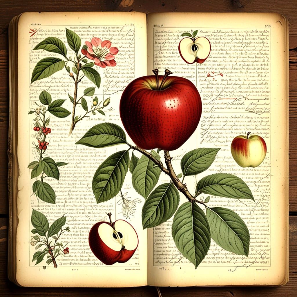 Botanical Illustrations of Red Delicious Apples in a Vintage...