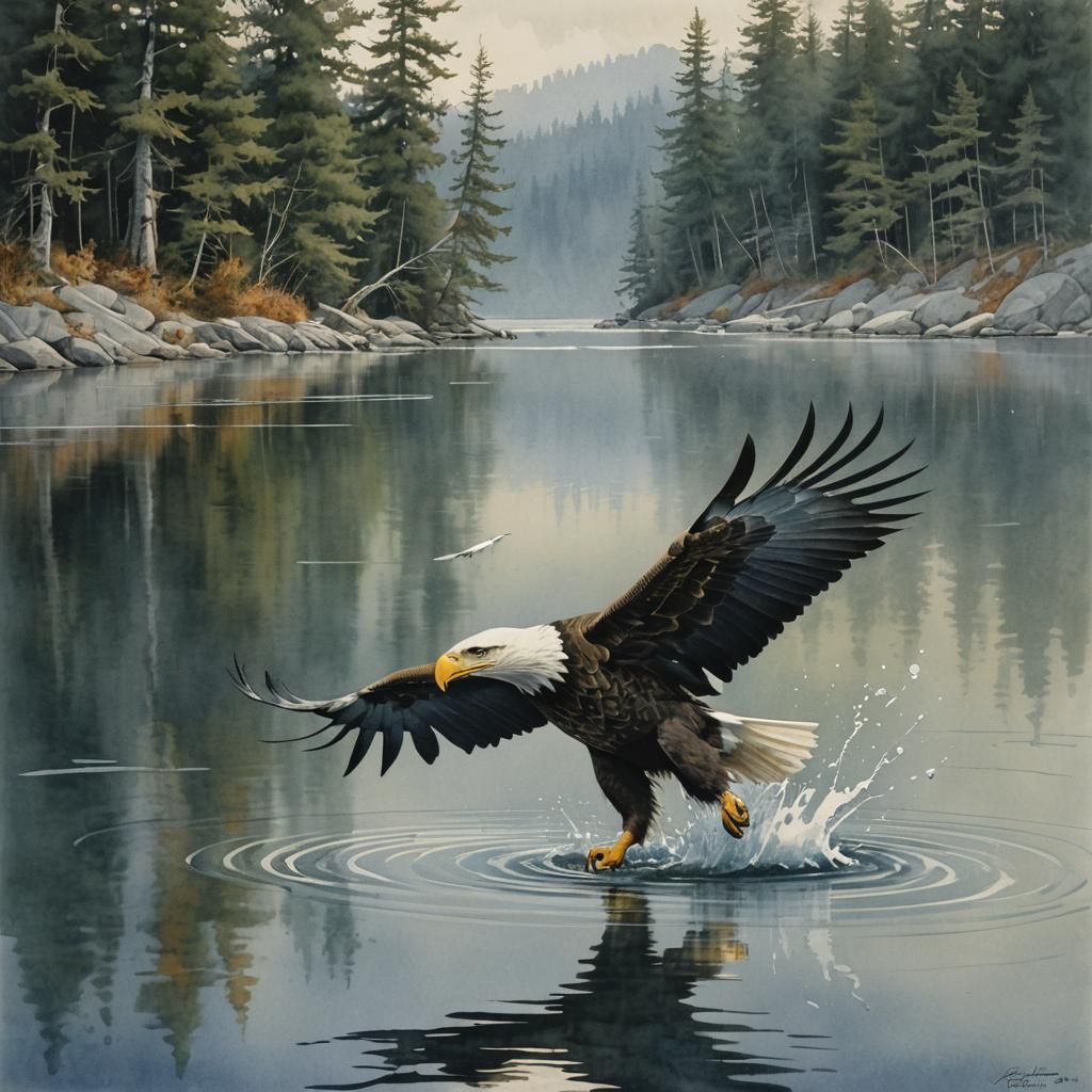 Bald Eagle Fishing, Watercolour Abstract Art