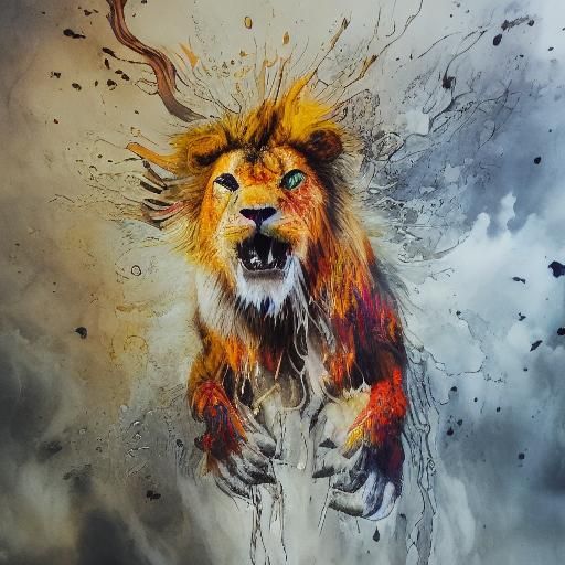Terrifying Ghost Lion in Splatter Ink Painting
