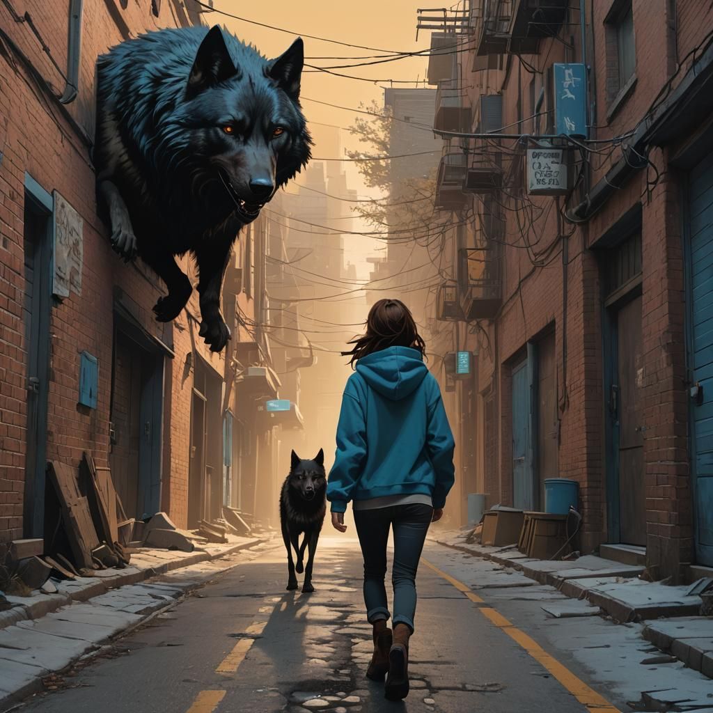 Girl and Wolf Chase in Alley: Matte Painting Style