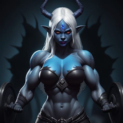 Drow Female Lifting Weights in Dark Fantasy Art