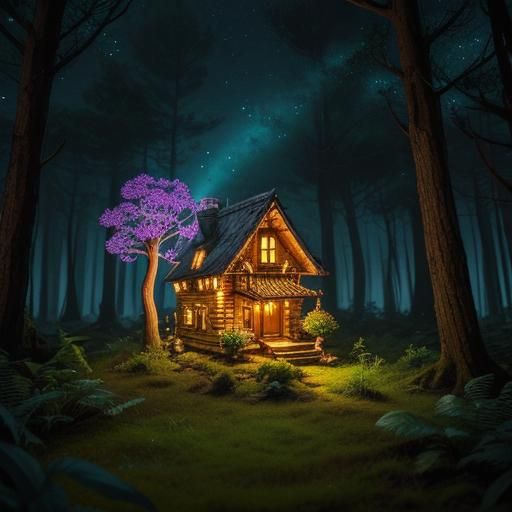 Enchanted Fairy Mushroom House in Bioluminescent Forest