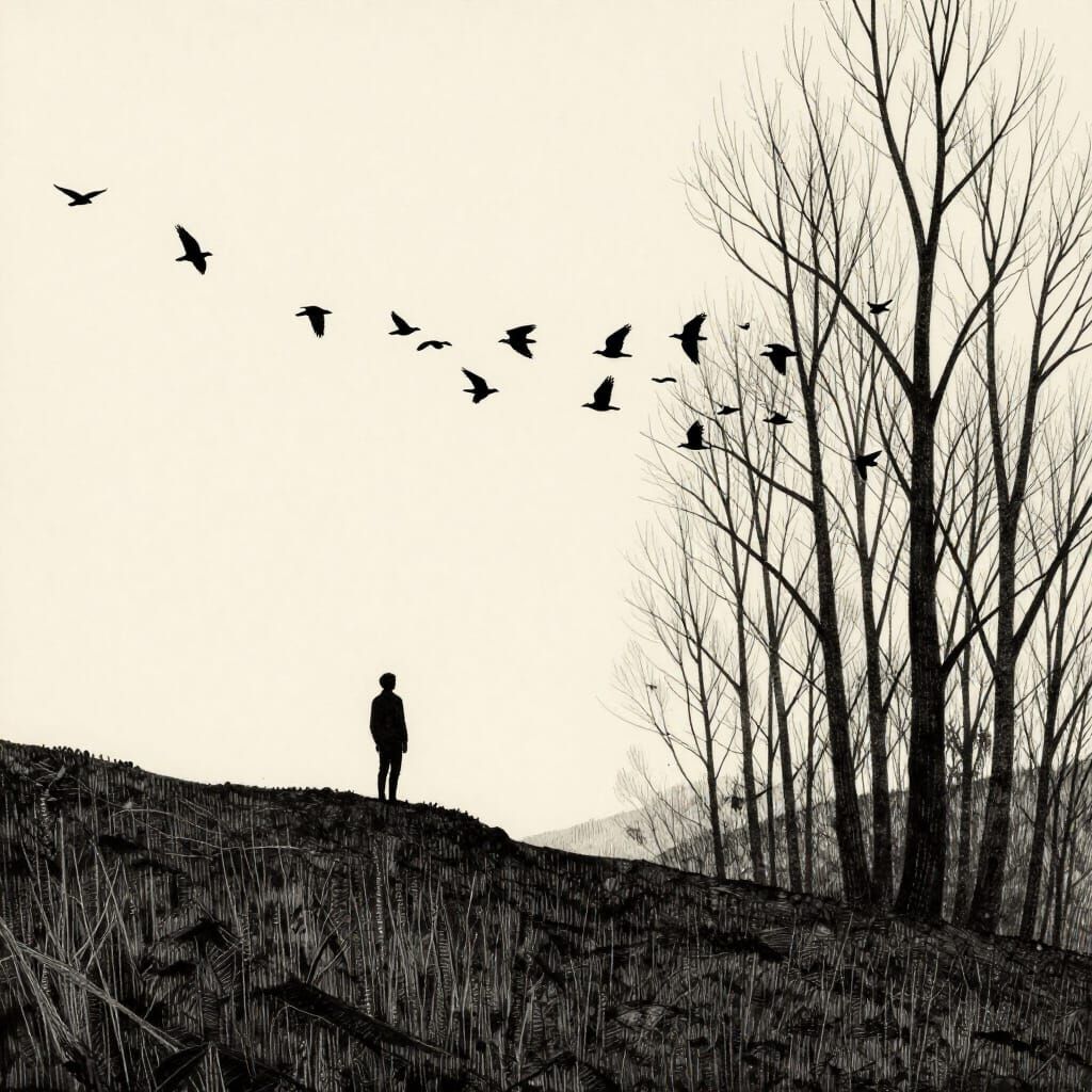 Lone Figure Watches Birds Take Flight in Ink Drawing