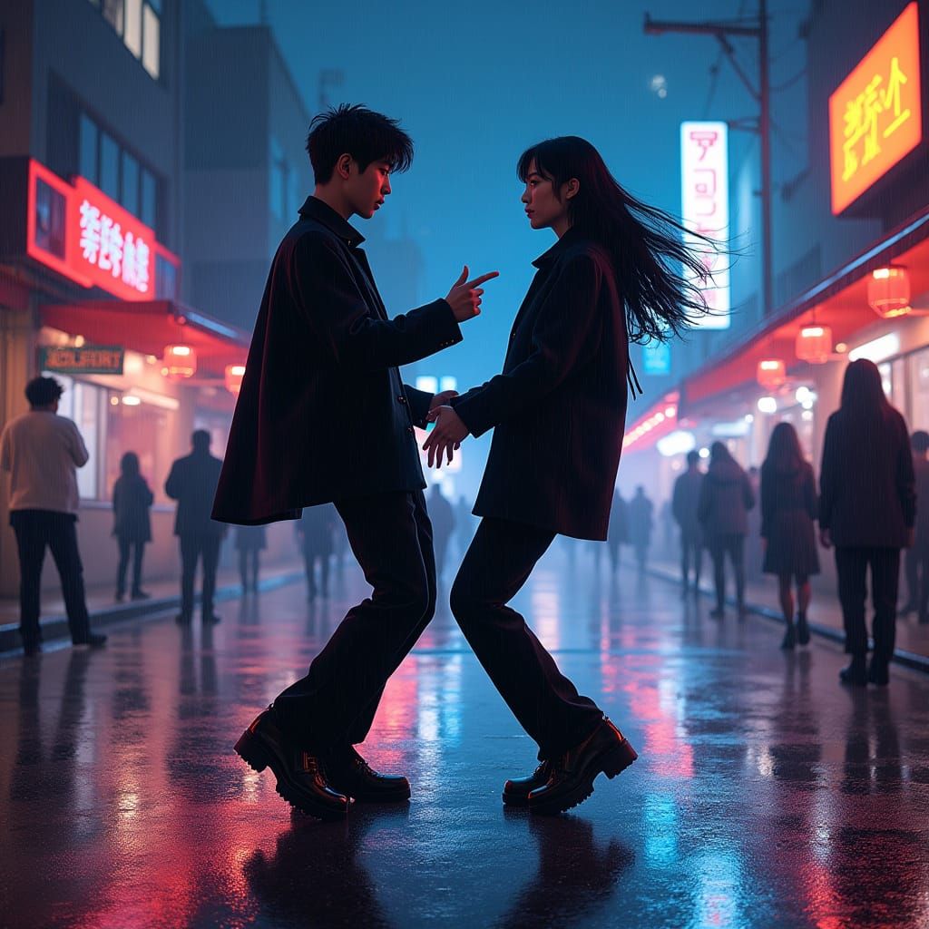 Dancing Figures in Rain-Soaked Neon Streets