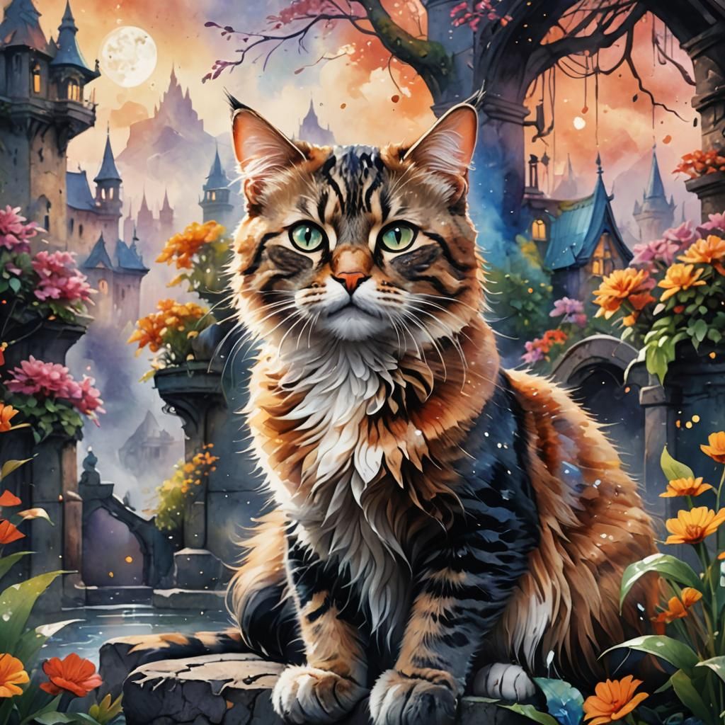 Watercolor Cat in a Fantastical Landscape