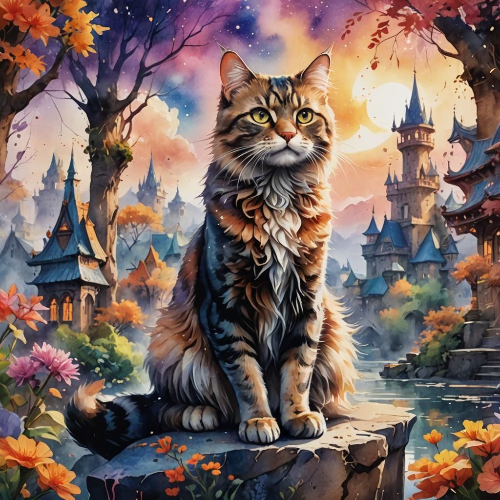 Stunning Cat in Watercolor Fantasy Art