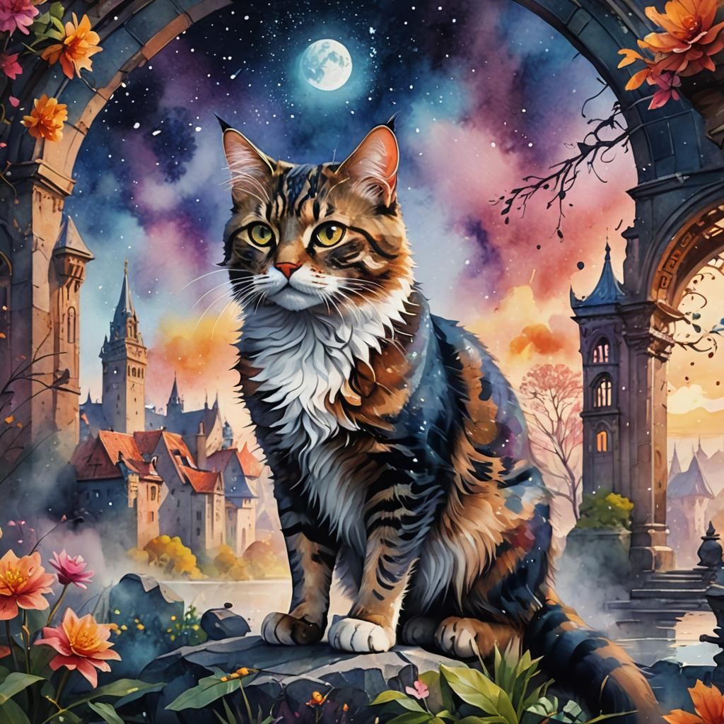 Stunning Cat in Watercolor Fantasy Art