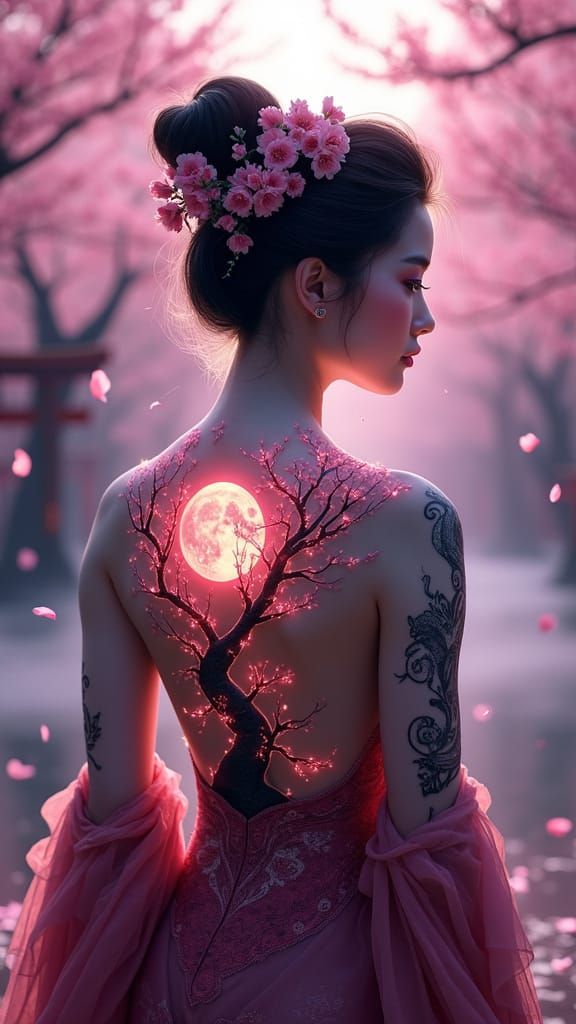 Japanese Woman with Cherry Blossom Tattoo in Dreamscape
