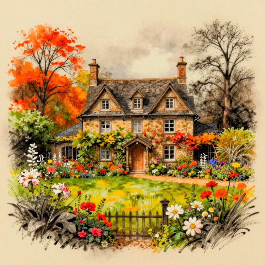 Fairytale Country House in Lush Garden, Autumn Color Splash