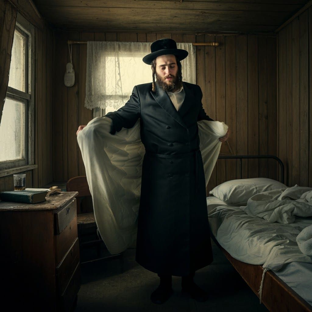 Ultra-Orthodox Jewish Man Rises Early on Cold Rainy Morning