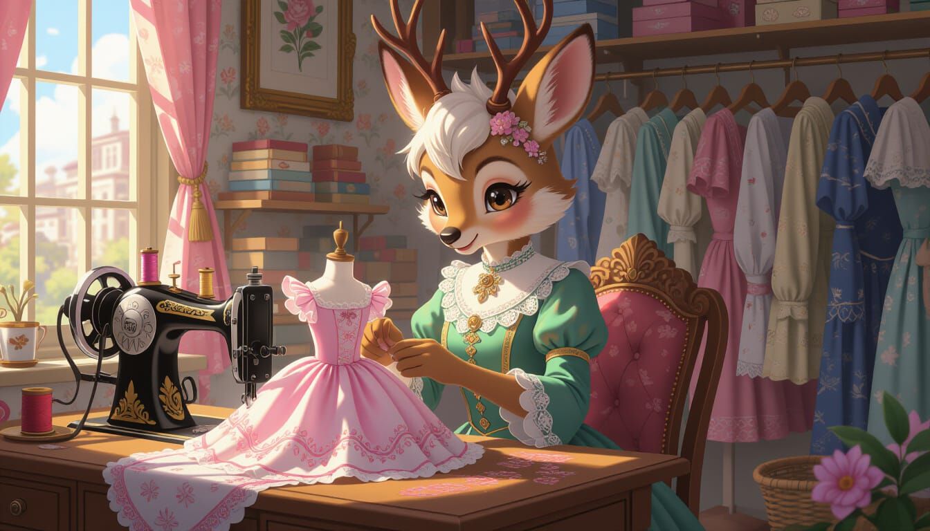 Deer Seamstress Sowing Victorian Dress, Digital Painting