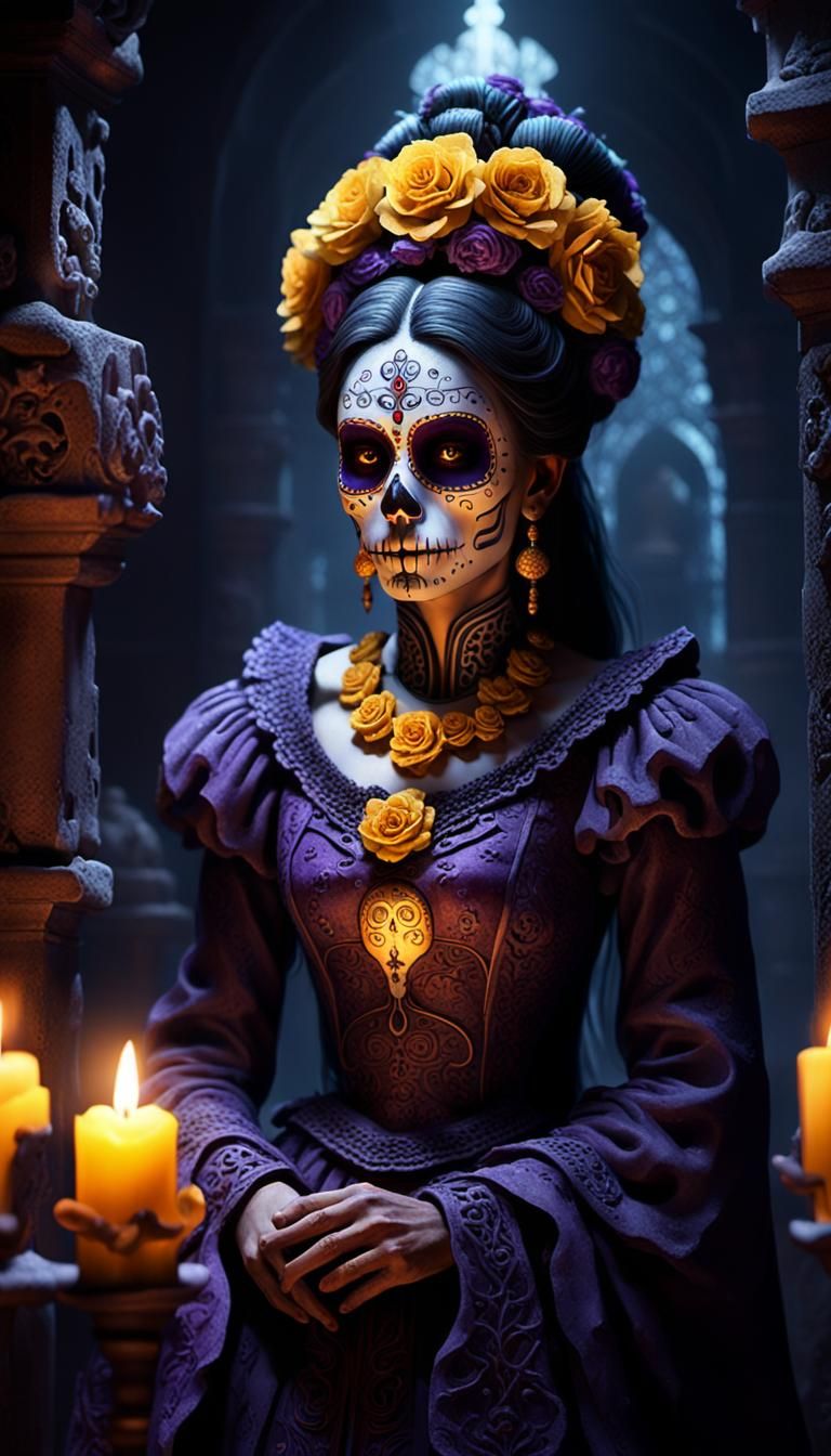 Mysterious Dark Fantasy Reina de Muertos in Ancient Chamber